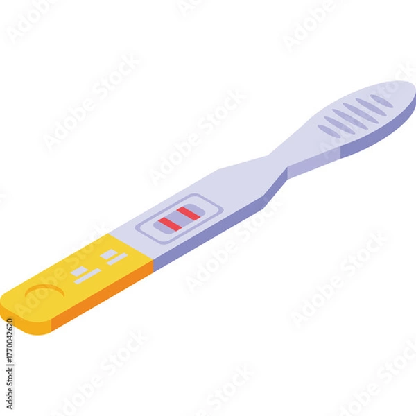 Fototapeta Digital isometric pregnancy test stick with yellow and white handle showing two red lines indicating positive result on transparent background