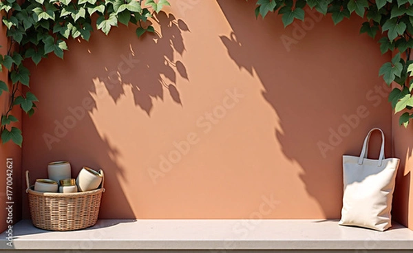 Obraz Wicker basket with jars and white tote bag on terracotta wall, sunlight and leaves creating natural shadows and summer mood.