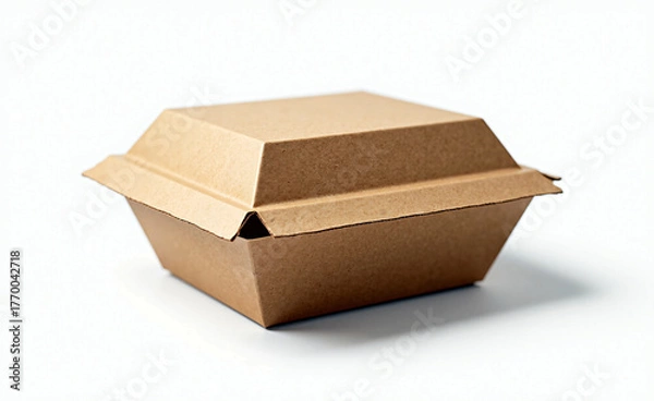 Obraz Closed brown cardboard food container isolated on white background, minimal eco-friendly packaging for takeaway meals.
