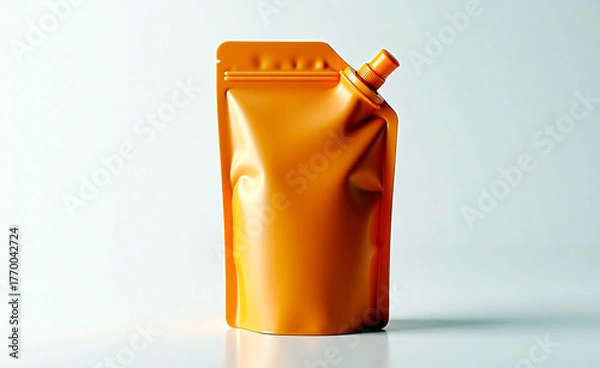 Obraz Orange plastic pouch with spout standing on white background, minimalist product packaging for liquid or gel contents.