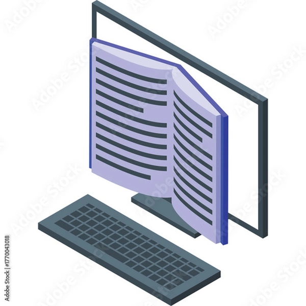 Fototapeta Digital Book Emerging From Computer Monitor Screen With Keyboard In Isometric View On Transparent Background Representing Online Education And E-Learning Concepts