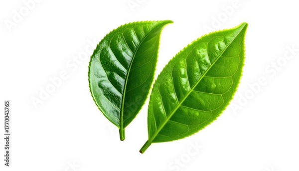 Fototapeta Two shiny green leaves overlap against a stark black background