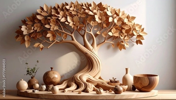 Fototapeta Intricate wooden tree of life sculpture, a hand-carved centerpiece representing nature and fine craftsmanship