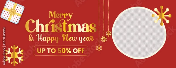 Fototapeta Modern Christmas Party and New Year Celebration Banner with Holiday Sale Promotion, Discount Offer, Web Header Template, Social Media Cover, and Christmas Illustration Background