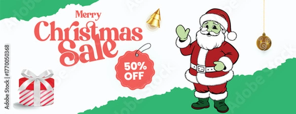 Fototapeta Christmas Sale Horizontal Banner with New Year Celebration Party Theme, Holiday Discount Promotion, Web Header Template, Social Media Cover, and Christmas Illustration Background