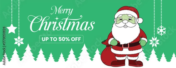 Fototapeta Christmas and Happy New Year Party Banner with Holiday Celebration, Discount Sale Promotion, Web Banner Design, Social Media Cover, Header Template, and Christmas Illustration Background