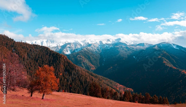 Obraz Panoramic view a majestic snow-capped mountain range towering over a dense coniferous forest exhibiting brilliant autumn colors	