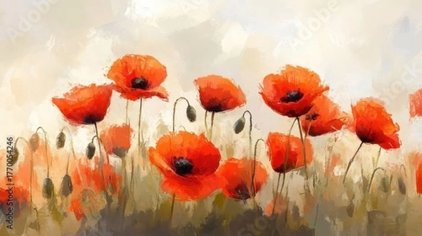 Fototapeta Poppy field in soft pastel colors