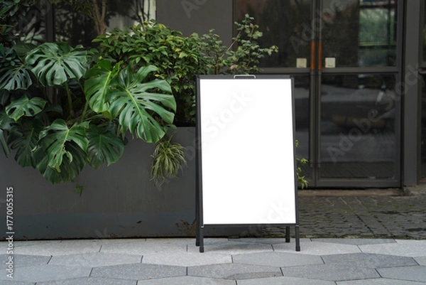Fototapeta Blank white outdoor advertising stand or sandwich board mock up template. Clear street signage board placed by an outdoor dinning area of a restaurant. Background texture of standee on street.