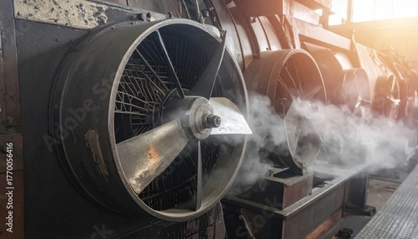 Fototapeta A powerful industrial fan with rotating blades providing cooling and ventilation in a factory setting with hot steam