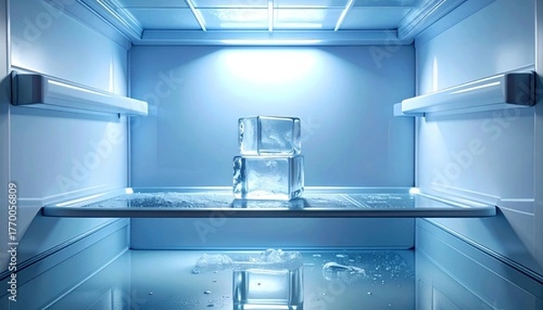 Fototapeta A solitary melting ice cube on a glass shelf inside a clean, empty, modern refrigerator, symbolizing emptiness and minimalism