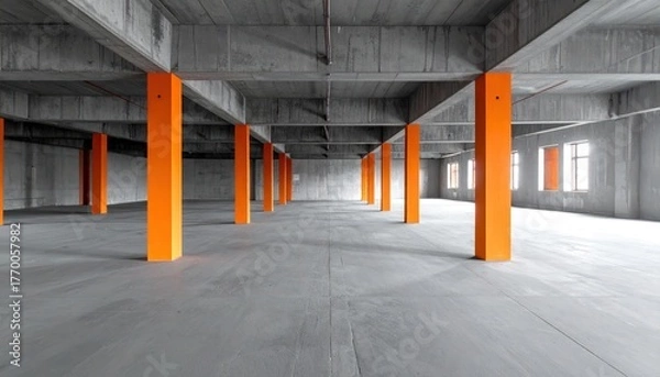 Fototapeta A vast and empty industrial hall under construction, featuring a raw concrete structure with vibrant orange support pillars