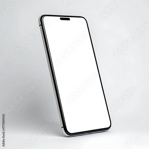 Fototapeta Modern smartphone with a blank white screen tilted on a clean white background for mockup purposes
