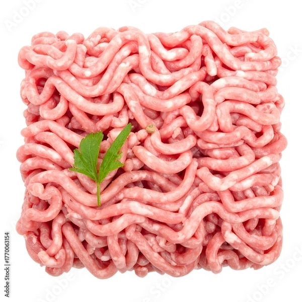 Obraz Fresh ground meat with a single parsley leaf, isolated on white