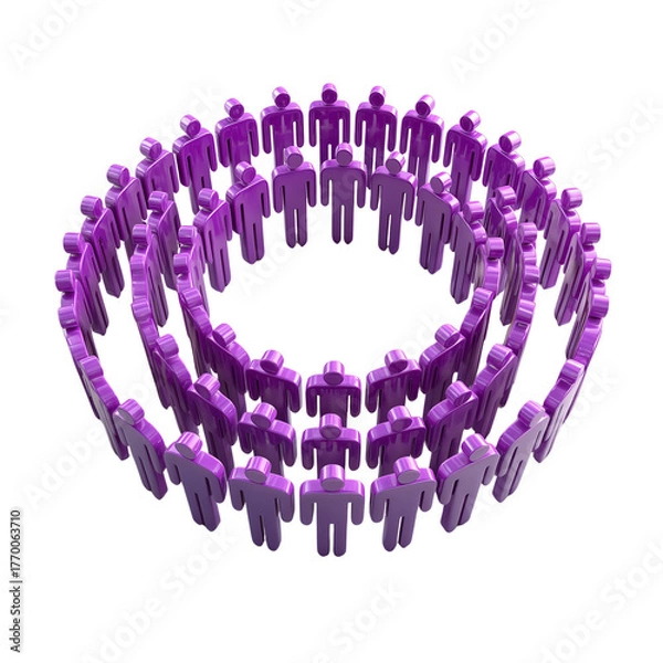 Fototapeta Abstract circular arrangement of numerous small purple human figures forming a connected ring isolated on transparent background