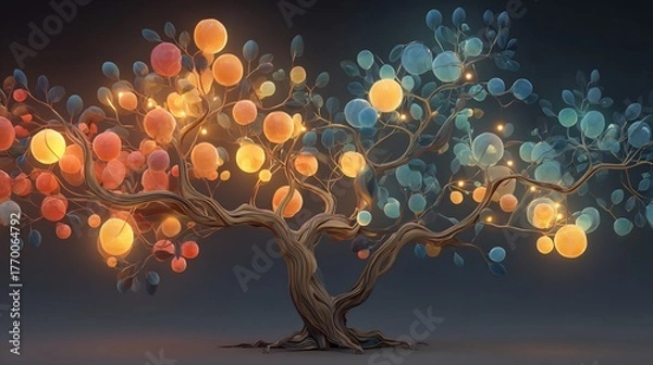 Fototapeta Tree of decisions where each branch is a glowing pathway leading to different potential outcomes represented as luminous fruit Symbol of strategic choice