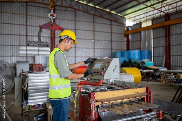 Fototapeta Worker Operates Machinery in Modern Factory Setting with Safety Gear and Equipment