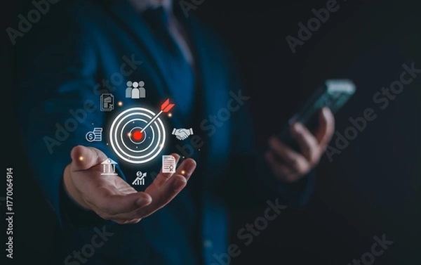 Fototapeta Business target concept. Businessman focus find opportunities for great investment, progressive vision for accuracy achieve aim goals, market leader, business success, Challenge purpose.