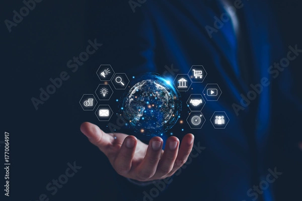 Fototapeta Online marketing business network concept, Businessman connecting to global Ecommerce on the internet, investments, analyze market with AI.