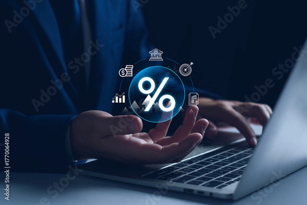 Fototapeta Interest rate and dividend concept. Businessman with percentage symbol and up arrow, Interest rates to increase, stocks and mutual funds, long term investment.