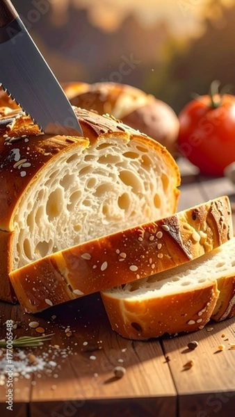 Obraz Fresh loaf being sliced on a wooden cutting board, tomato visible