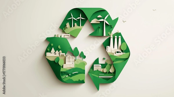Obraz Recycle symbol of sustainability in green eco city, alternative energy and ecology conservation concept in paper art craft style