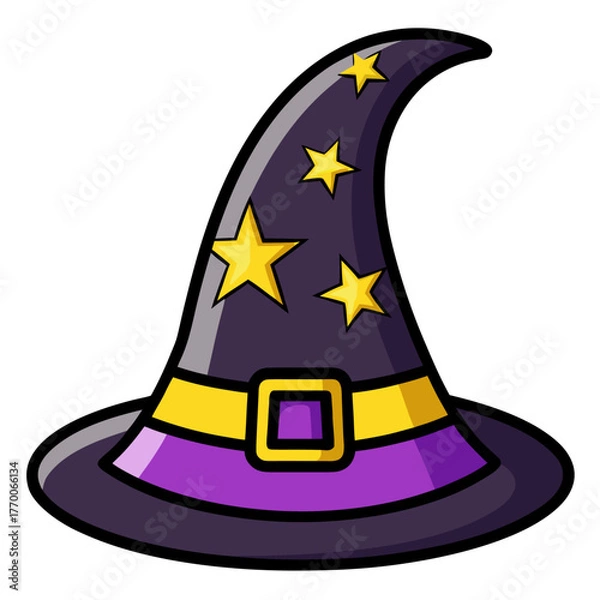 Obraz Dark Purple Wizard Hat – Stylized Magical Hat with Yellow Stars and Buckle