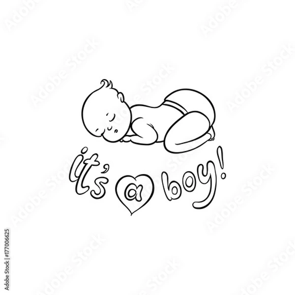 Fototapeta vector flat monochrome style newborn cute infant baby boy toddler in diaper or nappy sleeping lying on his back, it's a boy inscription. Isolated illustration on a white background for coloring book
