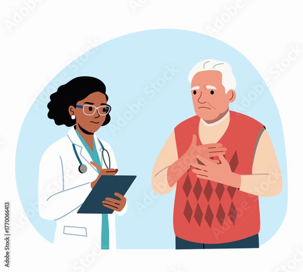 Obraz Doctor talks to a male elderly patient and thinking about diagnosis. Vector flat style cartoon illustration