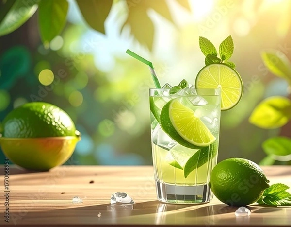 Obraz Fresh summer cocktail with lime slices, ice, and mint leaves on a wood table
