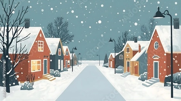 Fototapeta 雪が積もる居心地の良いクリスマスストリート