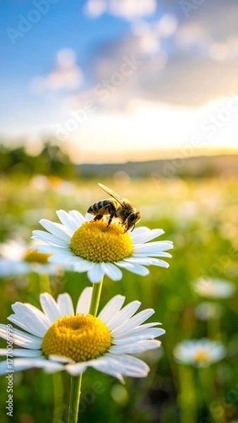 Obraz A bee gathers pollen on a daisy against a backdrop of wildflowers at sunset