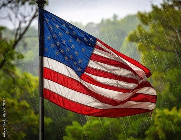 Obraz A billowing flag of red, white, and blue against a rainy, verdant backdrop