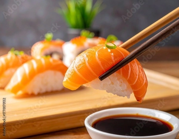Obraz Fresh sushi nigiri being picked up with chopsticks, sauce on the side
