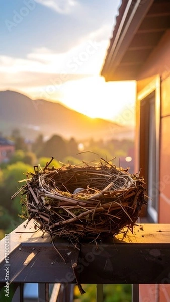 Obraz A bird's nest with an egg set on a balcony with a sunset view