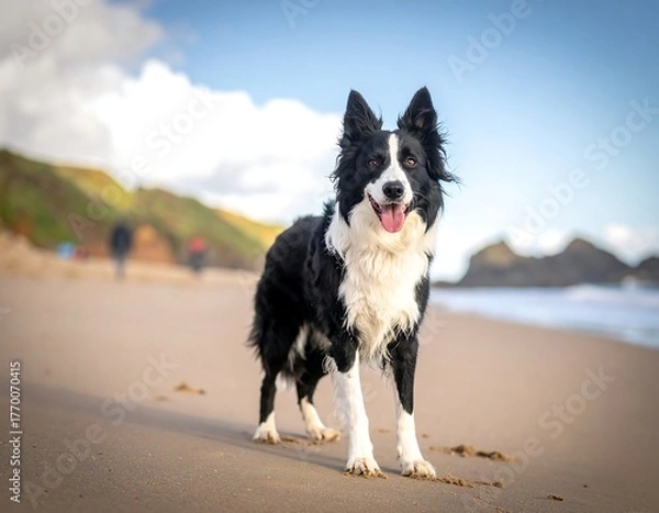 Obraz A black and white dog stands on a sandy beach