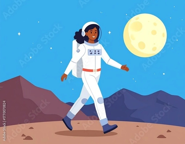 Obraz A Black astronaut walks on a planet surface with the moon in the background