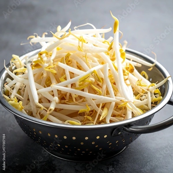 Obraz Fresh, uncooked mung bean sprouts overflowing a black colander on a grey backdrop