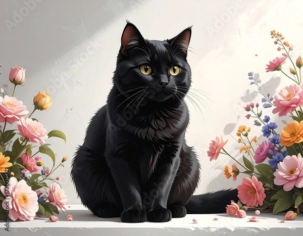 Obraz A black cat sits regally amid colorful flowers against a soft white backdrop