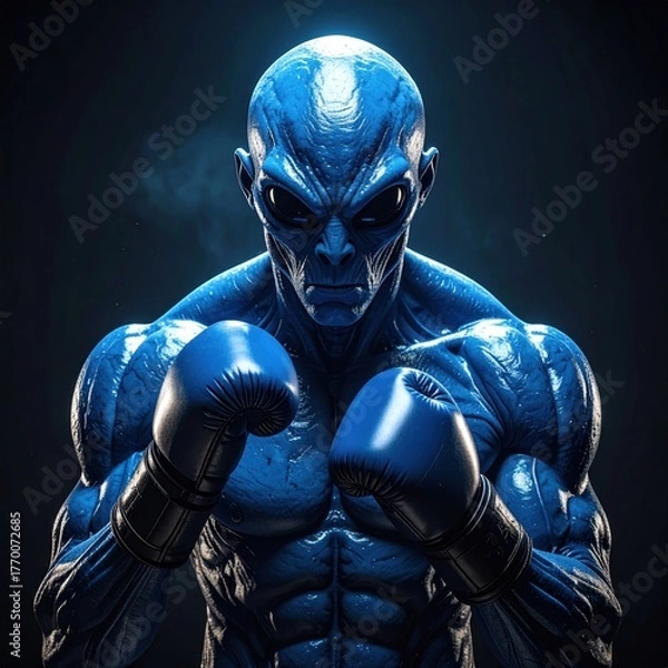 Obraz A blue-skinned, muscular extraterrestrial ready to fight in a boxing pose