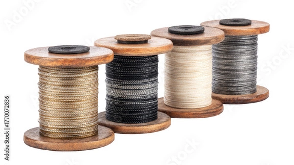 Fototapeta fishing line spools stacked colorful nylon and braided threads outdoor gear angling equipment isolated on white background close up