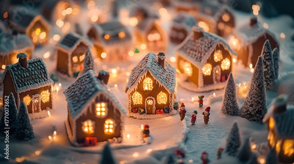 Fototapeta Miniature gingerbread houses village glowing with warm light creating a festive Christmas scene
