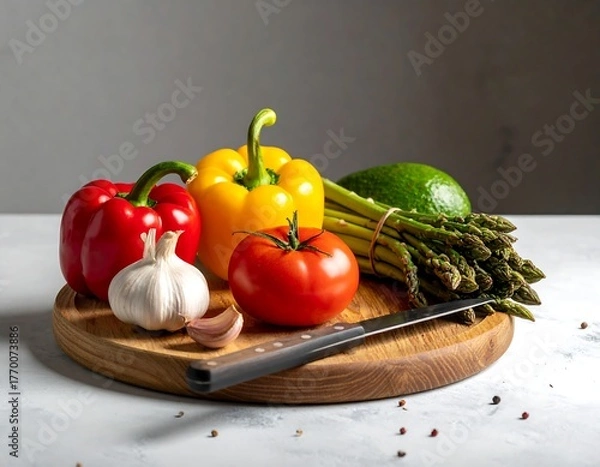 Obraz Fresh vegetables artfully arranged on a wooden cutting board