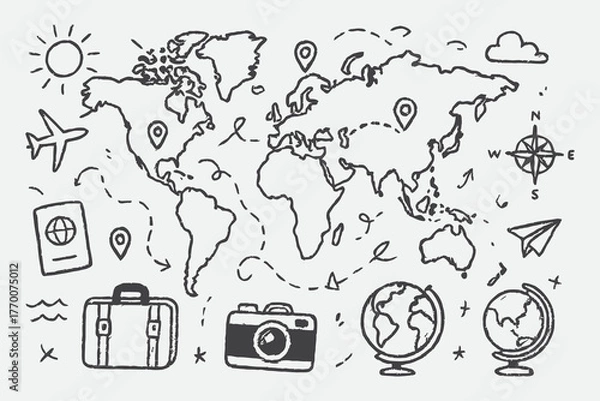 Obraz World Map Travel Lines Sketch Set – Hand Drawn Globe and Journey Vector Illustration in Black and White