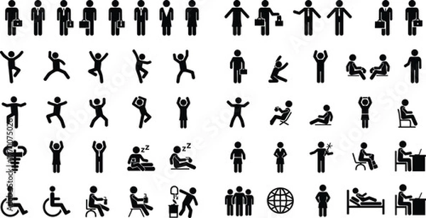 Fototapeta Human activity icons, silhouette vector set, business and health illustration, dynamic pose graphic, interaction design, lifestyle symbol collection