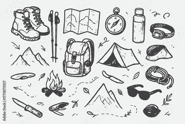 Obraz Mountain Hiking Gear Sketch Set – Hand Drawn Adventure Essentials Vector Illustration in Black and White