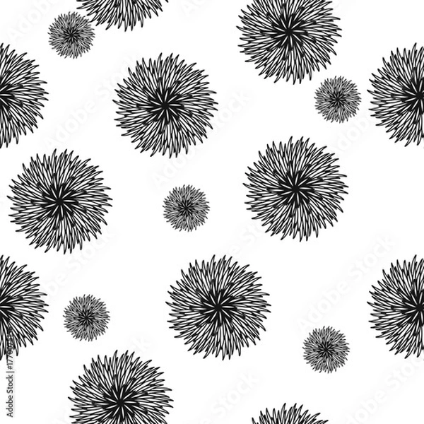 Fototapeta Black and white dot of Chrysanthemum, seamless pattern, black flowers, seamless pattern with black flowers repeat style, replete image design for fabric printing