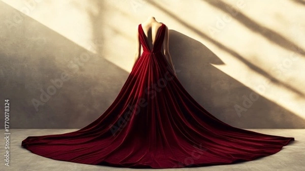 Obraz A luxurious red velvet dress with a deep neckline and long flowing train realistic fabric folds and rich texture captured under soft lighting solid beige background