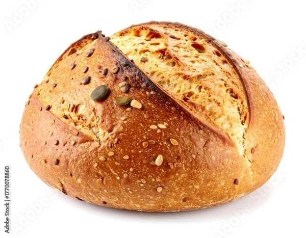 Obraz Freshly baked artisanal bread roll, with seeds, on white background