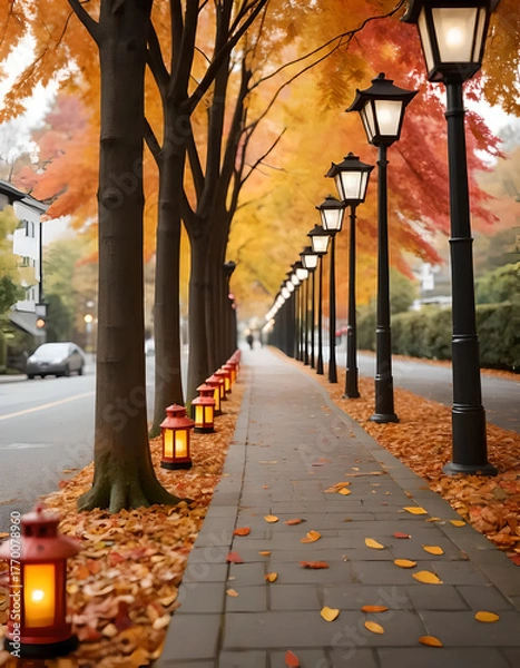 Fototapeta Autumn's Glow: Lantern-Lit Path Through Golden Trees